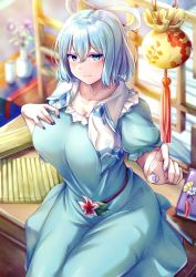 Rule 34 | 1girl, blue eyes, blue hair, blurry, blurry background, book, breasts, chair, closed mouth, flower, hair between eyes, hair ornament, hair rings, hair stick, hand on own chest, highres, kaku seiga, large breasts, looking at viewer, mirufui, nail polish, pink flower, purple nails, short hair, short sleeves, sitting, solo, touhou, vase, vest, white vest, ||/