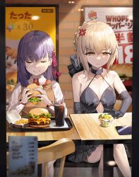Rule 34 | 2girls, :t, anger vein, artoria pendragon (all), artoria pendragon (fate), bare shoulders, black dress, blonde hair, brick wall, burger, burger king, chair, cheese, closed eyes, collarbone, container, crossed legs, cup, detached sleeves, dress, drinking straw, eating, elbow gloves, fate/grand order, fate/stay night, fate (series), food, french fries, gloves, hair ribbon, half-closed eyes, hand on table, highres, holding, holding food, indoors, lettuce, long hair, looking down, matou sakura, menu board, multiple girls, neco-arc, poster (object), purple hair, restaurant, ribbon, saber alter, saint quartz (fate), salad, sitting, smile, soda, suou-sensei, sweater vest, table, tomato, tray, whopper, wooden chair, yellow eyes