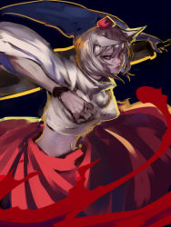 Rule 34 | 1girl, animal ears, black background, closed mouth, grey hair, hair between eyes, holding, holding sword, holding weapon, inishie kumo, inubashiri momiji, long sleeves, looking at viewer, midriff, navel, red eyes, red skirt, shirt, short hair, simple background, skirt, solo, sword, touhou, weapon, white shirt, wide sleeves, wolf ears