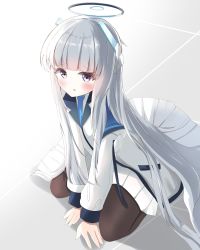 Rule 34 | 1girl, absurdres, aged down, black pantyhose, blue archive, blue necktie, breasts, floor, formal, grey hair, hair between eyes, halo, hands on ground, headphones, highres, jacket, long hair, looking at viewer, mechanical halo, necktie, noa (blue archive), on ground, open clothes, open jacket, open mouth, pantyhose, purple eyes, seiza, sitting, small breasts, solo, suimiyakanade, suit, very long hair, white jacket, white suit