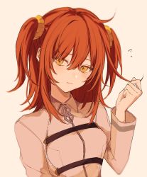 Rule 34 | 1girl, ahoge, alternate hairstyle, blush, chaldea uniform, commentary request, embarrassed, fate/grand order, fate (series), fujimaru ritsuka (female), hair ornament, hair scrunchie, holding, holding own hair, long sleeves, looking away, nozz177, orange eyes, orange hair, scrunchie, simple background, solo, twintails, two side up, uniform, upper body