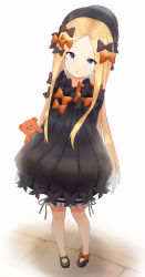 Rule 34 | 1girl, :o, abigail williams (fate), absurdres, arms behind back, bad id, bad pixiv id, black bow, black dress, black footwear, black hat, blonde hair, bloomers, blue eyes, bow, bug, butterfly, commentary request, dress, fate/grand order, fate (series), forehead, hair bow, hat, highres, insect, long hair, looking at viewer, multiple hair bows, orange bow, parted bangs, parted lips, polka dot, polka dot bow, shirokun0824, shoes, solo, stuffed animal, stuffed toy, teddy bear, underwear, very long hair, white background, white bloomers
