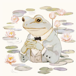 Rule 34 | animal, animal focus, black bow, black bowtie, blue jacket, bow, bowtie, closed mouth, clothed animal, flower, formal, frog, handkerchief, highres, horizontal pupils, interlocked fingers, jacket, lily pad, no humans, original, pink flower, ripples, simple background, sleeve cuffs, suit, tono (rt0no), upper body, white background, yellow eyes