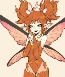 Rule 34 | 1girl, aqua eyes, beige background, butterfly wings, cowboy shot, detached sleeves, eyelashes, fairy, fairy wings, feo ul, final fantasy, final fantasy xiv, fingernails, flame print, highres, insect wings, leotard, long hair, looking at viewer, nail polish, nmmrzmr, open mouth, orange hair, orange leotard, orange sleeves, own hands clasped, own hands together, pointy ears, red nails, ringlets, sharp fingernails, simple background, smile, solo, thighhighs, two side up, wings