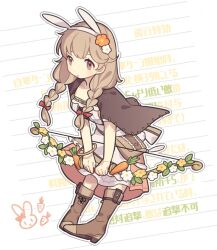 Rule 34 | 1girl, animal ears, boots, bow (weapon), braid, brown capelet, brown eyes, brown footwear, brown hair, capelet, carrot, commentary request, dress, fake animal ears, faye (fire emblem), fire emblem, fire emblem echoes: shadows of valentia, flower, haconeri, hair flower, hair ornament, holding, holding bow (weapon), holding weapon, long hair, looking at viewer, nintendo, parted lips, rabbit ears, short sleeves, solo, twin braids, weapon