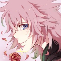 Rule 34 | 1boy, black coat (kingdom hearts), blue eyes, close-up, flower, glint, inazume-panko, kingdom hearts, looking at viewer, lowres, male focus, marluxia, pink background, pink hair, pinko (inazume-panko), rose, simple background, smile, solo, sparkle, upper body