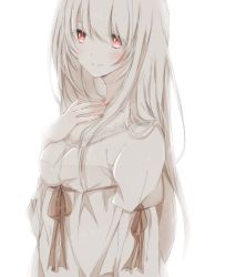 Rule 34 | 1girl, albino, backlighting, blouse, blush, closed mouth, hand on own chest, hiro (hirohiro31), light smile, long hair, long sleeves, looking at viewer, original, pink eyes, shirt, sidelocks, simple background, smile, solo, white background, white hair, white shirt