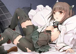 Rule 34 | 10s, 1girl, bike shorts, brown eyes, brown hair, cameltoe, flat chest, headband, headgear, kantai collection, nipples, open mouth, personification, sai-go, short hair, small breasts, solo, taihou (kancolle), thighhighs, torn clothes, under covers