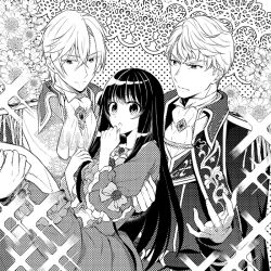 Rule 34 | &gt;:(, 1girl, 2boys, black hair, bow, carrying, chestnut mouth, copyright request, cover, cover page, dotted background, dress, flower, greyscale, hand up, hetero, long sleeves, looking at viewer, monochrome, multiple boys, nina (pastime), novel cover, novel illustration, official art, princess carry, sparkle, white hair