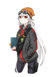 Rule 34 | 1girl, arknights, beanie, black jacket, black pants, book, bookmark, braid, closed mouth, commentary request, cropped legs, goggles, goggles on head, grey hair, hand in pocket, hat, highres, holding, holding book, jacket, long hair, long sleeves, looking at viewer, lunn, orange hat, pale skin, pants, pointy ears, red eyes, simple background, sleeves past wrists, solo, twin braids, very long hair, warfarin (arknights), white background