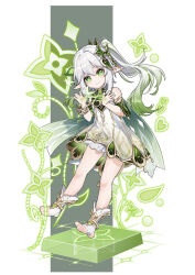 Rule 34 | 1girl, anklet, closed mouth, dress, full body, genshin impact, gradient hair, green eyes, green hair, highres, jewelry, lily030988, looking at viewer, multicolored hair, nahida (genshin impact), pointy ears, side ponytail, sleeveless, sleeveless dress, smile, solo, symbol-shaped pupils, white dress, white hair