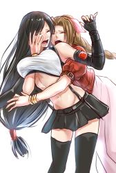 Rule 34 | 2girls, aerith gainsborough, arm around waist, arm up, black hair, black thighhighs, bracelet, braid, braided ponytail, breasts, brown hair, closed eyes, cropped jacket, dress, final fantasy, final fantasy vii, final fantasy vii remake, fingerless gloves, gloves, hair ribbon, hand on another&#039;s face, hand under clothes, highres, igusaharu, jacket, jewelry, large breasts, long dress, long hair, low-tied long hair, lower teeth only, midriff, multiple girls, open mouth, parted bangs, pink dress, puffy short sleeves, puffy sleeves, red jacket, ribbon, shirt, short sleeves, shouting, skirt, sports bra, suspender skirt, suspenders, sweatdrop, teeth, thighhighs, tifa lockhart, upper body, upper teeth only, white shirt, yuri