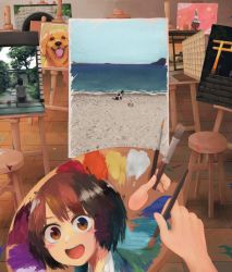 Rule 34 | 1girl, blush, brown eyes, brown hair, canvas (object), dog, easel, highres, holding, holding paintbrush, indoors, looking at viewer, open mouth, original, paintbrush, painting (object), palette (object), shadow, short hair, smile, solo, stool, tokyo tower, torii, tree, yajirushi (chanoma)