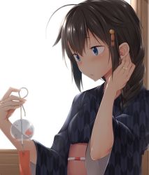 Rule 34 | 10s, 1girl, ahoge, alternate costume, bad id, bad twitter id, black hair, blue eyes, blush, braid, hair flaps, hair ornament, hair over shoulder, tucking hair, hairpin, holding, japanese clothes, jewelry, kantai collection, kimono, long hair, looking to the side, obi, parted lips, ring, sash, shigure (kancolle), shigure kai ni (kancolle), single braid, solo, spirytus tarou, upper body, wedding band, wide sleeves, wind chime