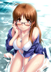 Rule 34 | 1girl, adjusting eyewear, akizuki ritsuko, antenna hair, barefoot, between legs, bikini, bikini under clothes, breasts, brown eyes, brown hair, cleavage, covered erect nipples, from above, front-tie bikini top, front-tie top, glasses, hand between legs, highres, idolmaster, idolmaster (classic), jewelry, long hair, looking at viewer, looking over eyewear, looking up, necklace, open clothes, open shirt, partially submerged, pendant, purple shirt, shirt, short hair, sitting, smile, solo, swimsuit, swimsuit under clothes, unbuttoned, wariza, water, wet, wet clothes, white bikini, zen