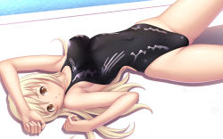 Rule 34 | 1girl, blonde hair, breasts, brown eyes, competition swimsuit, covered erect nipples, hand on own head, highres, kuri (kurigohan), long hair, lying, on back, one-piece swimsuit, original, sideboob, skin tight, solo, speedo (company), swimsuit, wallpaper, water