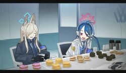 Rule 34 | 2girls, absurdres, animal ears, antenna hair, armband, black gloves, black jacket, blonde hair, blue archive, blue armband, blue hair, blue necktie, blue shirt, blue vest, closed eyes, coffee cup, collared shirt, cup, disposable cup, doughnut, food, fubuki (blue archive), gloves, grey hair, grin, hair over one eye, halo, hat, highres, holding, holding cup, indoors, jacket, kanna (blue archive), leaning forward, long bangs, long sleeves, looking at food, low twintails, multicolored hair, multiple girls, necktie, on chair, open clothes, open jacket, open mouth, parody, pink eyes, police, police hat, police uniform, qyuandee3, scene reference, shirt, sitting, smile, streaked hair, table, twin peaks, twintails, uniform, vest, white jacket, white shirt