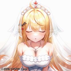 Rule 34 | 1girl, ahoge, bare shoulders, bat hair ornament, blonde hair, breasts, bridal veil, cleavage, closed eyes, commentary, dress, hair ornament, hairclip, highres, hololive, incoming kiss, jewelry, large breasts, long hair, misyune, necklace, official art, parted lips, simple background, upper body, veil, virtual youtuber, wedding dress, white background, white dress, yozora mel