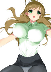 Rule 34 | 10s, 1girl, amatsuka miharu, baby princess, breasts, brown hair, covered erect nipples, crotch seam, earrings, green eyes, impossible clothes, impossible shirt, jewelry, kusaka souji, large breasts, long hair, panties, panties under pantyhose, pantyhose, puffy nipples, shirt, simple background, solo, underwear, white background, white panties