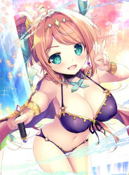 Rule 34 | 1girl, :d, aqua eyes, bare legs, bikini, bracer, breasts, cape, cleavage, commentary, english commentary, green neckwear, hair ornament, hair ribbon, highres, holding, holding sword, holding weapon, jewelry, large breasts, looking at viewer, mikeou, navel, open mouth, orange hair, original, ponytail, purple bikini, purple cape, ribbon, sidelocks, smile, standing, swept bangs, swimsuit, sword, twitter username, v, weapon
