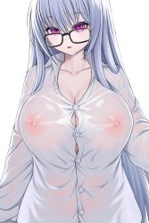 Rule 34 | 1girl, asamura hiori, breasts, button gap, cleavage, covered erect nipples, glasses, highres, huge breasts, long hair, looking at viewer, nipples, original, purple eyes, see-through, shirt, silver hair, solo, taut clothes, taut shirt, tight clothes, tight shirt, upper body, wet, wet clothes, wet hair, wet shirt, white shirt