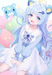 1girl :d ahoge animal_ears bear_ears bear_girl bear_tail belt blue_bow blue_bowtie blue_eyes blue_hair blue_nails bow bowtie braid cushion dress from_above hair_bow hair_ornament hair_ribbon highres lace_trim long_hair long_sleeves looking_at_viewer mel6969 multicolored_hair open_mouth puffy_long_sleeves puffy_sleeves ribbon show_by_rock!! side_braid single_braid sitting smile solo spade_hair_ornament sparkle streaked_hair stuffed_animal stuffed_toy tail teddy_bear tsukino_(show_by_rock!!) v_arms wariza white_dress