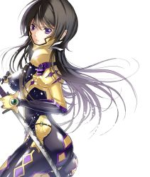 Rule 34 | 1girl, black bodysuit, black hair, bodysuit, covered erect nipples, floating hair, from side, holding, holding sword, holding weapon, katana, long hair, looking at viewer, muv-luv, muv-luv alternative, muv-luv total eclipse, parted lips, pilot suit, purple eyes, shiny clothes, simple background, skin tight, solo, standing, sword, takamura yui, very long hair, weapon, white background, yae chitokiya