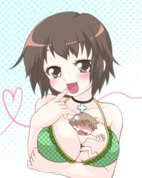 Rule 34 | 1boy, 1girl, baka to test to shoukanjuu, between breasts, bikini, blush, breasts, brother and sister, brown eyes, brown hair, cleavage, cross, cross necklace, finger to mouth, green bikini, huge breasts, jewelry, large breasts, looking at viewer, nail polish, naughty face, necklace, no eyes, open mouth, pink nails, shiny skin, siblings, sweat, sweatdrop, swimsuit, trunks, yoshii akihisa, yoshii akira