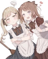 Rule 34 | 2girls, :d, apron, bang dream!, bow, bowtie, broom, brown bow, brown bowtie, brown dress, brown eyes, brown hair, closed mouth, collared dress, commentary request, crossed arms, dress, dutch angle, frilled apron, frills, hair bow, hair ornament, heart, highres, holding, holding tray, ichigaya arisa, light brown hair, light frown, long hair, looking at viewer, maid, maid apron, medium hair, multiple girls, open mouth, plaid, plaid bow, puffy short sleeves, puffy sleeves, shain, short sleeves, simple background, smile, squiggle, swept bangs, tareme, teeth, toyama kasumi, tray, twintails, two-tone dress, upper body, upper teeth only, white apron, white background, wrist cuffs, x hair ornament