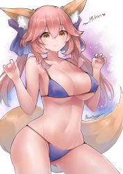 Rule 34 | 1girl, absurdres, animal ears, bikini, blue bikini, blue bow, bow, breasts, brown eyes, cleavage, collarbone, fate/grand order, fate (series), fox ears, fox tail, francis blake, hair bow, highres, large breasts, long hair, looking at viewer, navel, pink hair, solo, swimsuit, tail, tamamo (fate), tamamo no mae (fate/extra), tamamo no mae (swimsuit lancer) (fate), twintails