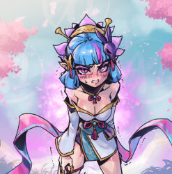 Rule 34 | 1girl, angry, bare shoulders, blue hair, blunt bangs, blush, breasts, cleavage, clenched teeth, collarbone, cowboy shot, detached sleeves, evelynn (league of legends), japanese clothes, kimono, large breasts, medium hair, official alternate costume, outdoors, phantom ix row, pink eyes, pointy ears, shiny skin, short kimono, solo, spirit blossom evelynn, teeth, trembling, white kimono, white sleeves