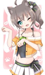 Rule 34 | 1girl, ahoge, animal ears, blue eyes, blush, breasts, brown hair, camisole, cat ears, collarbone, fang, hair ornament, hololive, looking at viewer, midriff, natsuiro matsuri, natsuiro matsuri (1st costume), navel, one eye closed, open mouth, paw pose, pinstripe camisole, pinstripe pattern, ribbon, side ponytail, simple background, small breasts, solo, striped, tn pr26, virtual youtuber