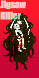 Rule 34 | 1girl, azami (kagerou project), billy the puppet, black hair, blood, blood stain, bookcage, formal, kagerou project, long hair, orange eyes, puppet, red eyes, ribbon, saw (movie), scales, suit, very long hair