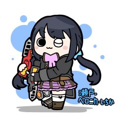 Rule 34 | 1girl, ;3, assault lily, black bow, black gloves, black hair, black jacket, blue background, blue bow, blush, boots, bow, brown footwear, character name, chibi, circle, closed mouth, commentary, fingerless gloves, full body, gloves, hair bow, hands up, heel up, highres, holding, holding weapon, jacket, juliet sleeves, konpeitoull (c12h22o11 tr 6), long hair, long sleeves, looking at viewer, low twintails, ludvico private girls&#039; academy school uniform, miniskirt, one eye closed, pink bow, pink skirt, plaid, plaid skirt, puffy sleeves, school uniform, seto veronica ichika, single glove, skirt, smile, solo, standing, thigh bow, thighhighs, translated, twintails, two-tone background, v-shaped eyebrows, weapon, white background, white thighhighs