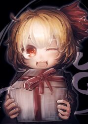 Rule 34 | 1girl, absurdres, black background, blonde hair, commentary request, denpa rasaito, gift, grey shirt, hair ribbon, highres, holding, holding gift, long sleeves, looking at viewer, medium bangs, one eye closed, open mouth, red eyes, red ribbon, ribbon, rumia, shirt, short hair, smile, solo, touhou, upper body
