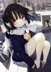 1girl bag bare_legs bare_legs_girl_(kamizaki_hibana) barefoot beads black_hair blue_coat blush closed_mouth coat feet hair_beads hair_ornament kamizaki_hibana light_blush looking_at_viewer nike_(company) original outdoors partially_submerged pink_eyes pleated_skirt scarf school_bag shoes short_hair sidelocks sitting skirt smile solo_focus two_side_up unworn_footwear water white_scarf white_skirt