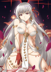 Rule 34 | 1girl, armlet, bare shoulders, belly chain, blush, body markings, bracelet, breasts, cleavage, collarbone, colored skin, durga (fate), earrings, facial mark, fate/grand order, fate (series), flower, gradient skin, grey hair, hair ribbon, highres, jewelry, large breasts, long hair, looking at viewer, pelvic curtain, petals, red eyes, red skin, revealing clothes, ribbon, sano souichi, sash, snake, solo, thighs, thumb ring, very long hair, wading, water