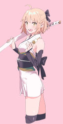 Rule 34 | 1girl, absurdres, ahoge, beach, bow, fate/grand order, fate (series), from side, henken, highres, holding, katana, looking at viewer, okita souji (fate), open mouth, pink background, pink hair, sheath, sheathed, short hair, simple background, smile, solo, sword, weapon, yellow eyes