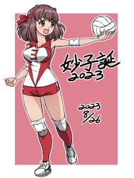 Rule 34 | 1girl, 2023, ball, birthday, brown eyes, brown hair, character name, commentary, dated, elbow pads, girls und panzer, headband, holding, holding ball, knee pads, kondou taeko, looking to the side, medium hair, open mouth, red headband, red shirt, red shorts, red socks, shirt, shoes, short shorts, shorts, single vertical stripe, sleeveless, sleeveless shirt, smile, sneakers, socks, solo, sportswear, standing, standing on one leg, takahashi kurage, translated, volleyball, volleyball (object), volleyball uniform, white footwear