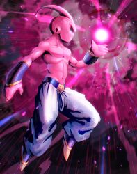 Rule 34 | 1boy, absurdres, antennae, black sclera, colored sclera, colored skin, commentary, dragon ball, dragonball z, energy ball, frown, full body, highres, kid buu, majin buu, male focus, navel, pants, pink skin, profile, red eyes, sasisage, solo, topless male, white pants