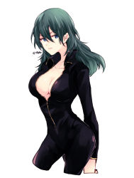 Rule 34 | 1girl, alternate costume, bad id, bad twitter id, blue eyes, blue hair, bodysuit, breasts, byleth (female) (fire emblem), byleth (fire emblem), cleavage, closed mouth, fire emblem, fire emblem: three houses, large breasts, long sleeves, naho (pi988y), nintendo, open bodysuit, open clothes, simple background, solo, twitter username, unzipped, white background