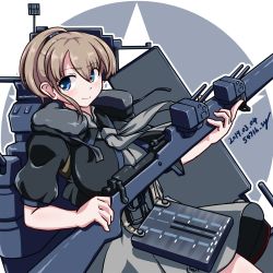 Rule 34 | 1girl, 547th sy, adapted weapon, apron, black shirt, blue eyes, brown hair, commentary request, cowboy shot, flight deck, grey neckwear, grey skirt, gun, highres, intrepid (kancolle), kantai collection, looking at viewer, machinery, miniskirt, neck pillow, one eye closed, ponytail, rifle, rigging, shirt, short hair, skirt, smile, solo, turret, twitter username, weapon, white background