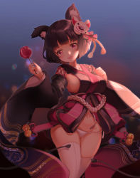 Rule 34 | 1girl, :d, animal ears, azur lane, bad id, bad pixiv id, bell, black hair, black kimono, blush, candy apple, cat ears, commentary request, detached sleeves, fang, food, fox mask, groin, hair ornament, highres, holding, holding food, japanese clothes, jingle bell, kimono, long sleeves, looking at viewer, mask, mask on head, navel, open mouth, panties, purple eyes, shiosoda, short hair, short kimono, smile, solo, thighhighs, underwear, white panties, white thighhighs, wide sleeves, yamashiro (azur lane)