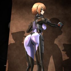 Rule 34 | 1girl, against wall, anett hosenfeld, ass, bodysuit, breasts, clenched teeth, covered erect nipples, from behind, from below, genya (genya67), green eyes, highres, imminent rape, impossible clothes, looking back, medium breasts, muv-luv, muv-luv alternative, pilot suit, red hair, schwarzesmarken, shadow, shiny clothes, short hair, skin tight, solo, solo focus, teeth