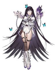 Rule 34 | 1girl, angel wings, arms under breasts, bdsm, black hair, boots, bug, butterfly, chain, counter:side, full body, insect, long hair, nail, official art, serapel (counter:side), single thighhigh, solo, straitjacket, tachi-e, thighhighs, very long hair, white background, white blindfold, white footwear, wings