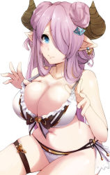 Rule 34 | 1girl, absurdres, bare arms, bare shoulders, bikini, blue eyes, breasts, cleavage, closed mouth, collarbone, earrings, granblue fantasy, hair ornament, hair over one eye, highres, horns, jewelry, large breasts, long hair, looking at viewer, narmaya (granblue fantasy), narmaya (summer) (granblue fantasy), pink hair, pointy ears, ribbon, ryuu., simple background, sitting, smile, solo, swimsuit, thigh strap, white background, white bikini