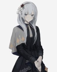 Rule 34 | 1girl, black dress, black eyes, black flower, character request, clothing request, collared dress, cowboy shot, dress, flower, grey background, grey hair, hair flower, hair ornament, highres, iumi urura, long hair, long sleeves, own hands together, parted lips, project sekai, side cape, simple background, solo, standing, star (symbol), white background
