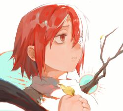 Rule 34 | 1girl, blending, branch, cropped shoulders, grey scarf, hair between eyes, half-closed eyes, hands up, highres, holding, holding leaf, leaf, looking ahead, made in abyss, multicolored hair, own hands together, parted lips, portrait, raised eyebrows, red eyes, red hair, sansanpai, scarf, short hair, sidelighting, solo, streaked hair, tareme, vueko, white background, white hair, worried