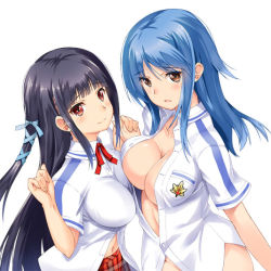 Rule 34 | 2girls, asymmetrical docking, black hair, blue hair, blush, breast press, breasts, brown eyes, cleavage, hair ribbon, impossible clothes, long hair, looking at viewer, multiple girls, no panties, red eyes, ribbon, shinozuka atsuto, simple background, smile, unbuttoned, upper body, white background