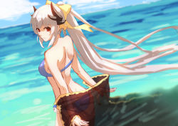 Rule 34 | 1girl, albino, bikini, bow, butt crack, fate/grand order, fate (series), hair bow, horns, kiyohime (fate), kiyohime (fate/grand order), kiyohime (swimsuit lancer) (fate), kiyohime (swimsuit lancer) (third ascension) (fate), ponytail, red eyes, see-through, shoulder blades, solo, swimsuit, water, white hair, whitem (whiteemperor2020)